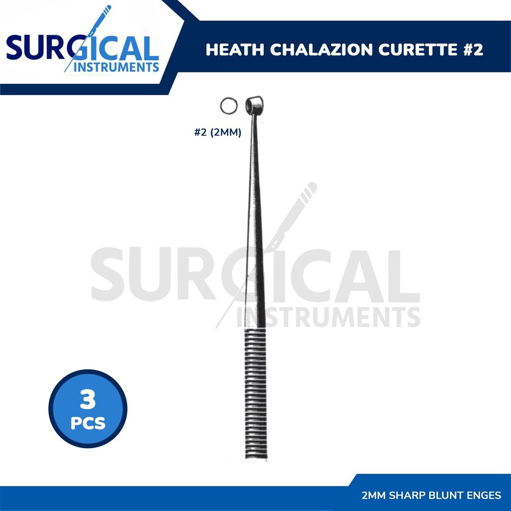 3 Pcs Heath Chalazion Curette Size 2, One Sharp One Blunt Edge, 2mm German Grade