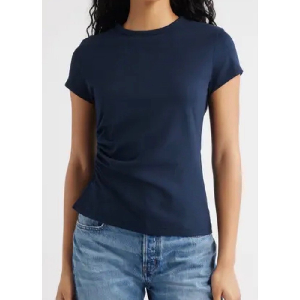 NWT Madewell Size Small Asymmetric Ruched Tee in Allday Jersey Navy Blue