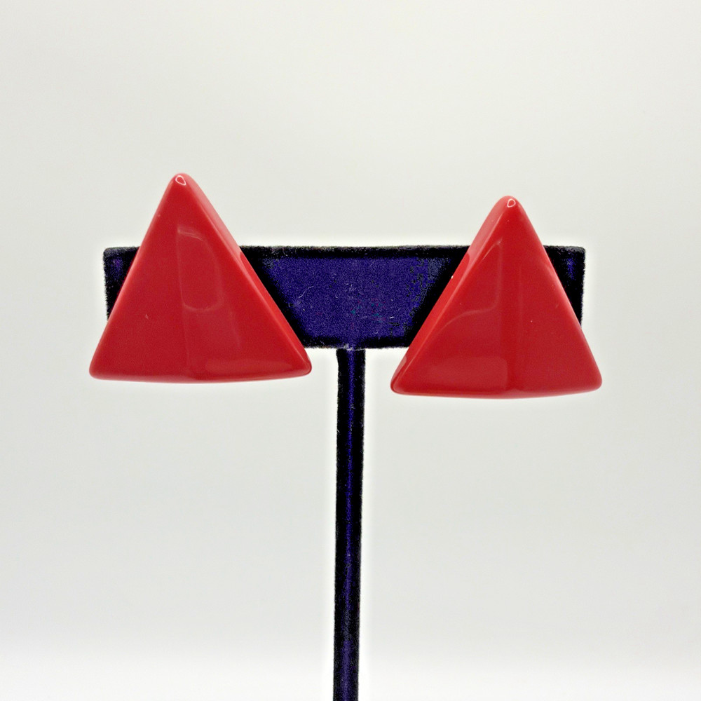 Vintage Lucite Red Triangle Clip Earrings Gold Toned