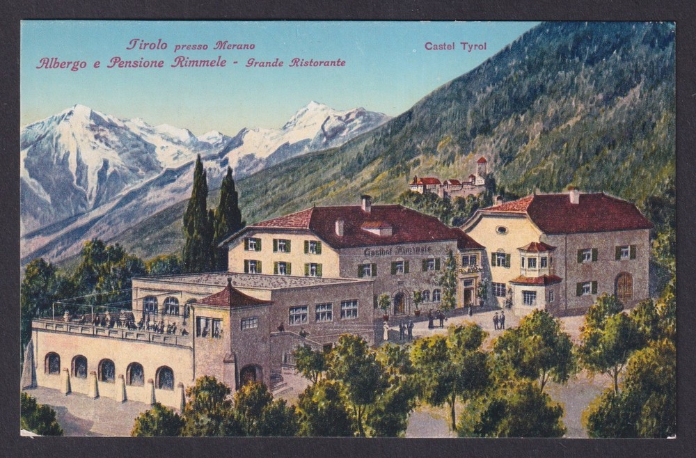 Vintage postcard Tirolo near Merano Rimmele Hotel Castel Tyrol Italy Alps view