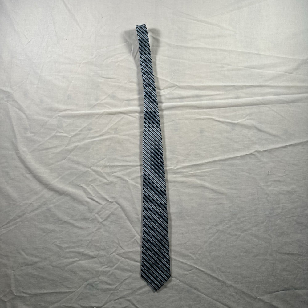 PURE SILK Made In Italy Mens Necktie Blue Black Silver Diagonal Repp Stripe Tie
