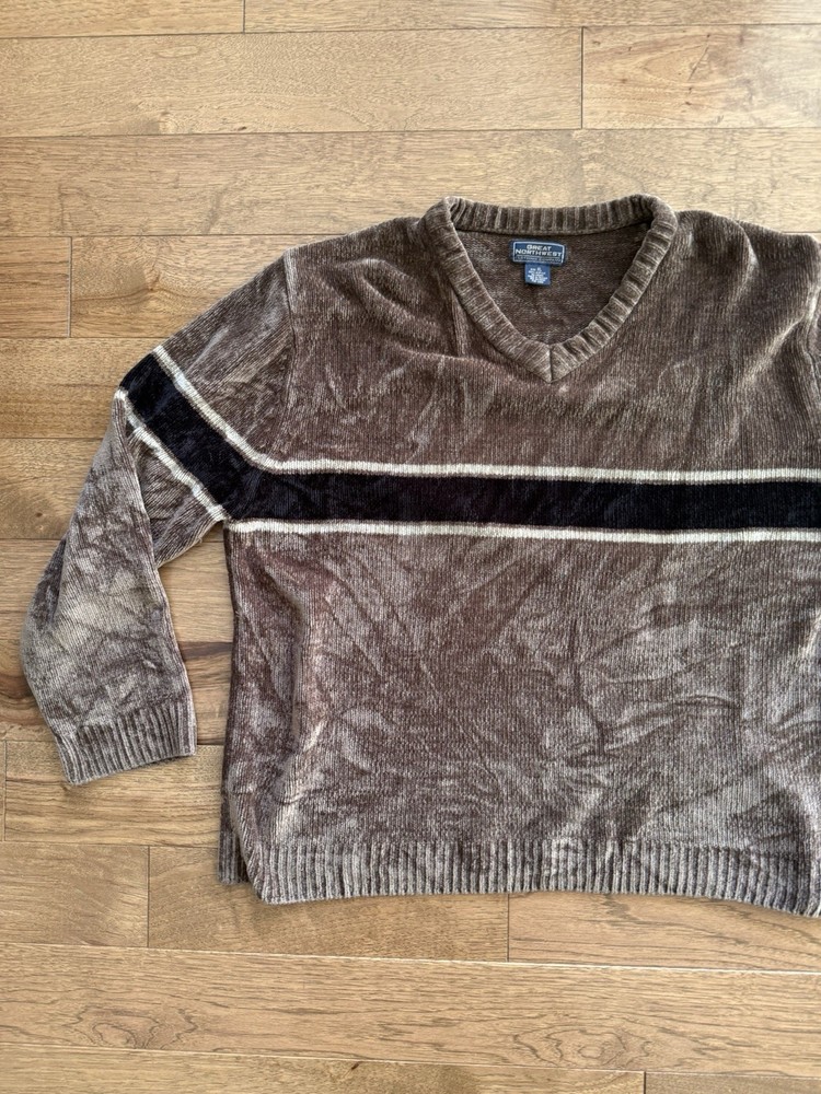 VTG Y2K V-Neck Sweater Pullover Stripe Sweater Unisex XL Y2K Tan Black