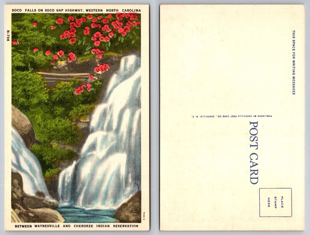 Soco Falls Waterfall Postcard Soco Gap Highway Western North Carolina Linen