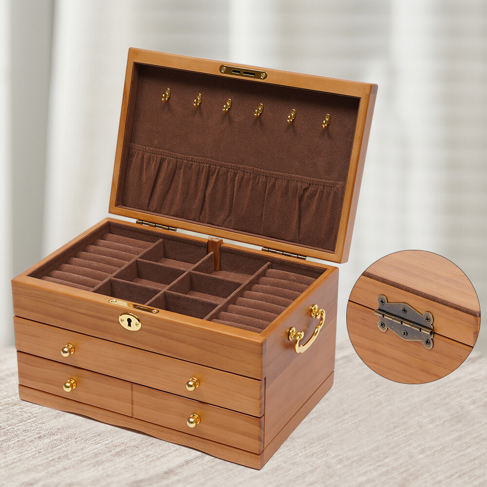3 Layers Drawers Wooden Jewelry Box Retro Organizer Jewelry Storage Box Case