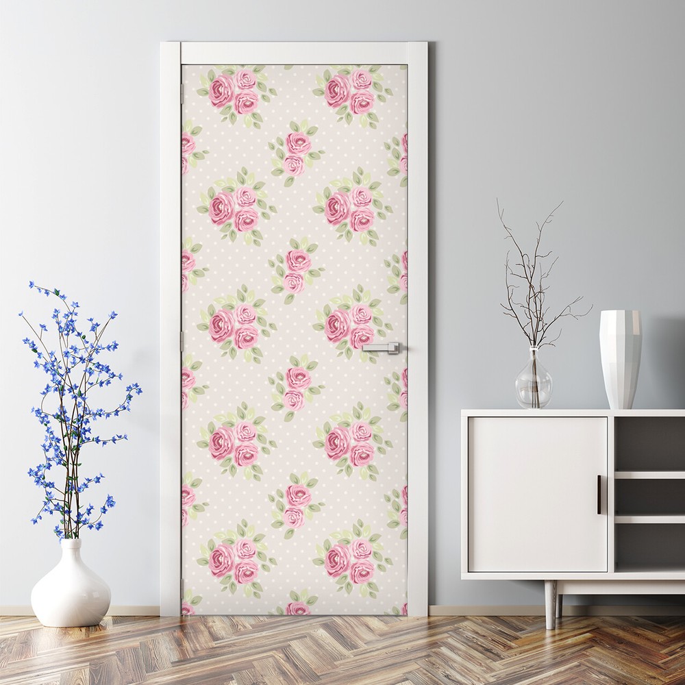 English Roses Bubble-Free Large Pink and Green Door Sticker Decal Decor