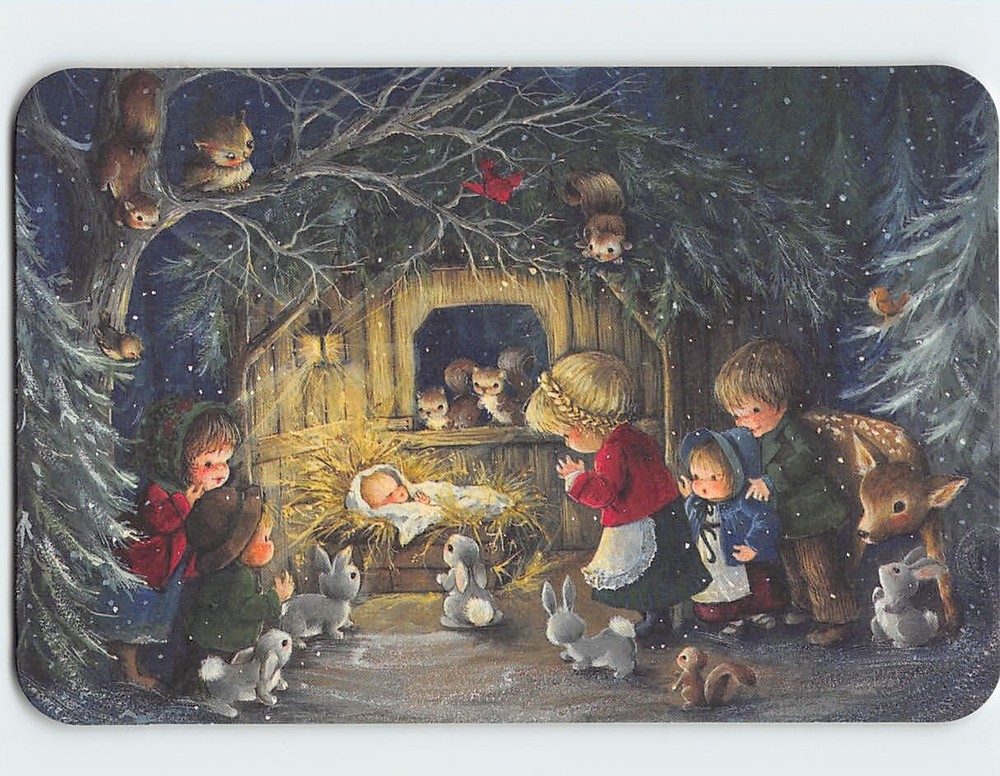 Postcard Nativity & Children Winter Scene Art Print