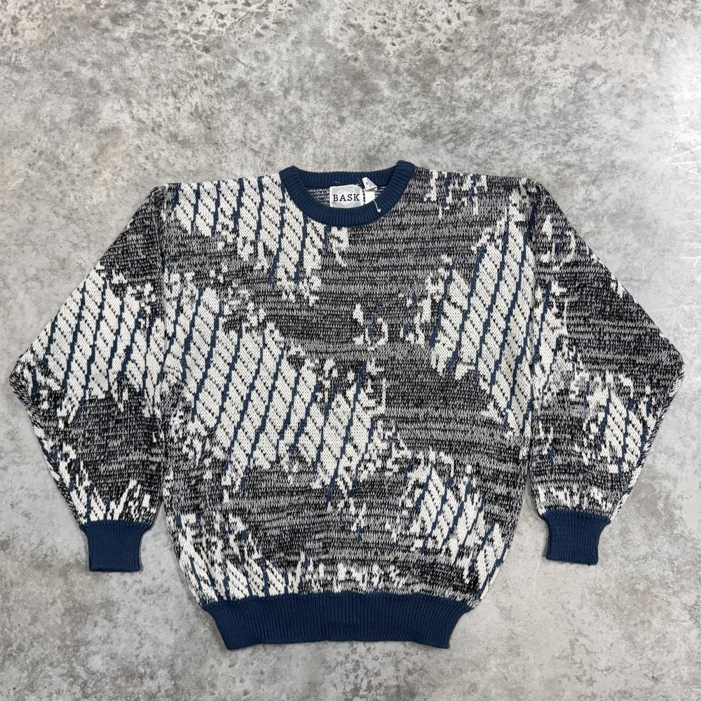 Vintage Bask Sweater Mens Medium Gray Blue Abstract Geometric Crewneck 80s