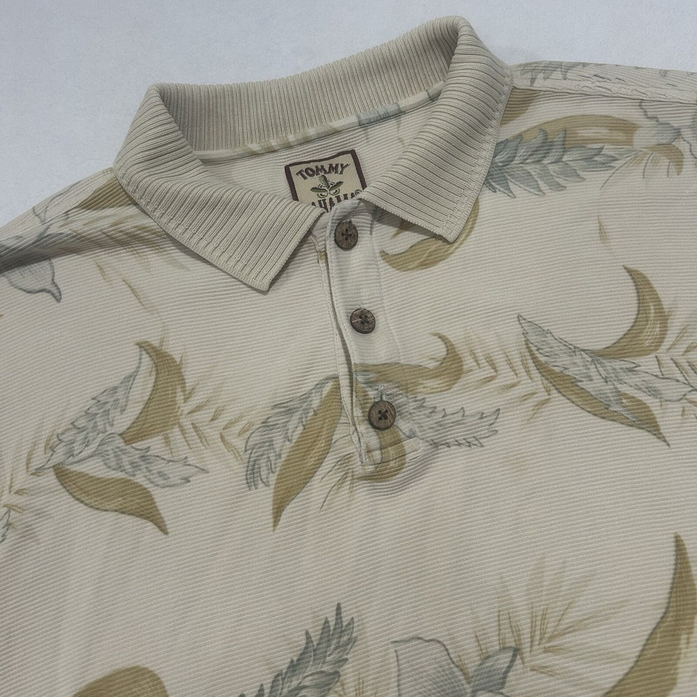 Tommy Bahama Men's XL Beige Silk Blend Hawaiian Floral Short Sleeve Polo Shirt