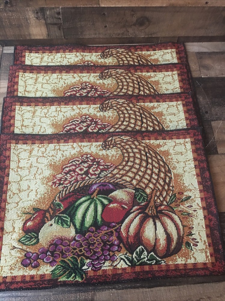Set Of 4 Harvest Tapestry Placemats 13x19.5” Autumn Fall Thanksgiving Cottage