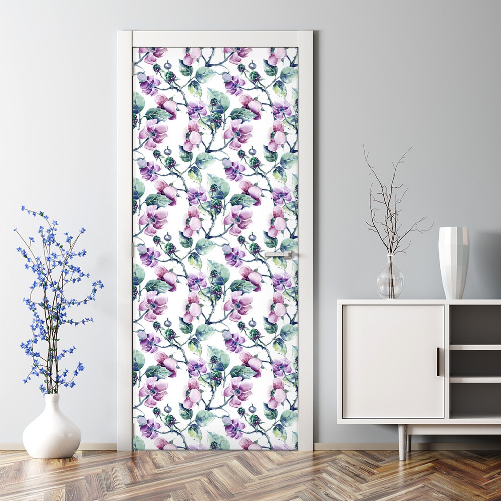 Bubble-free door sticker with pale blackberry watercolor flowers in purple and green