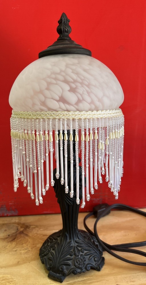 Vtg Boudoir Victorian Beaded Fringe Lamp Frosted Glass Tortoise art deco NICE