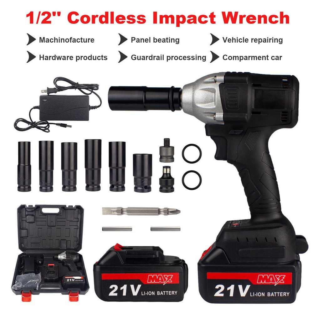 1/2'' Electric Impact Wrench Gun Cordless w/ Li-ion Battery High Power Driver