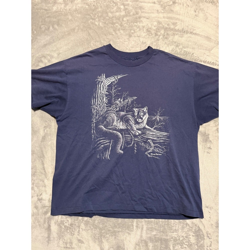 Hanes T-Shirt Mens XL Blue Vintage 1989 Cougar Graphic Single Stitch USA Made