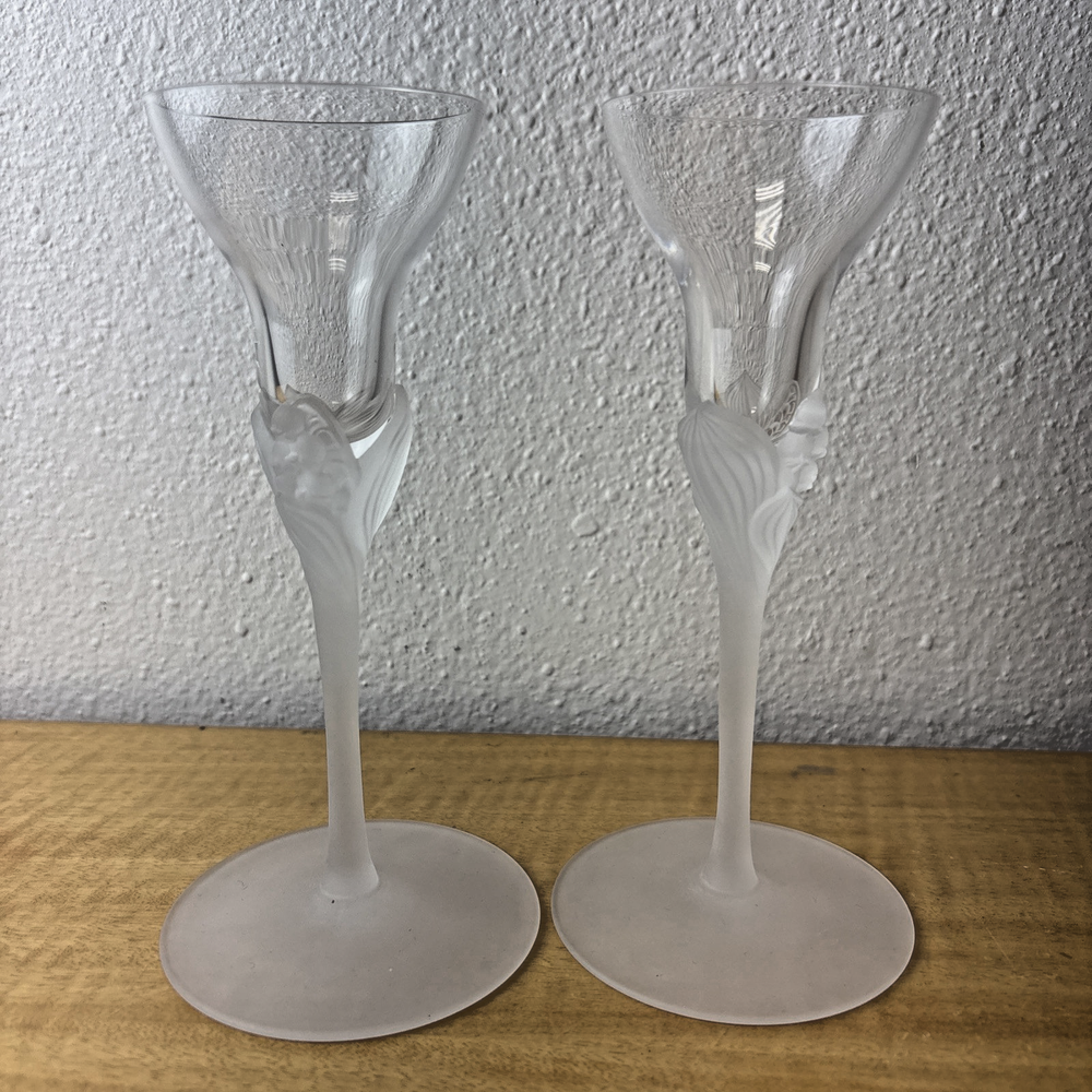 Set of 2 SASAKI WINGS Crystal Champagne Glasses - Candle Holders Frosted