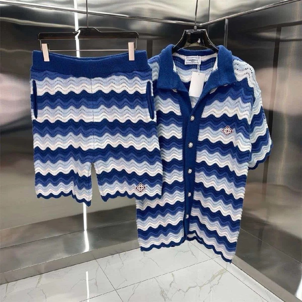Casablanca 2025 Spring/Summer Color-block Wavy Knit Short-sleeved Men's Set