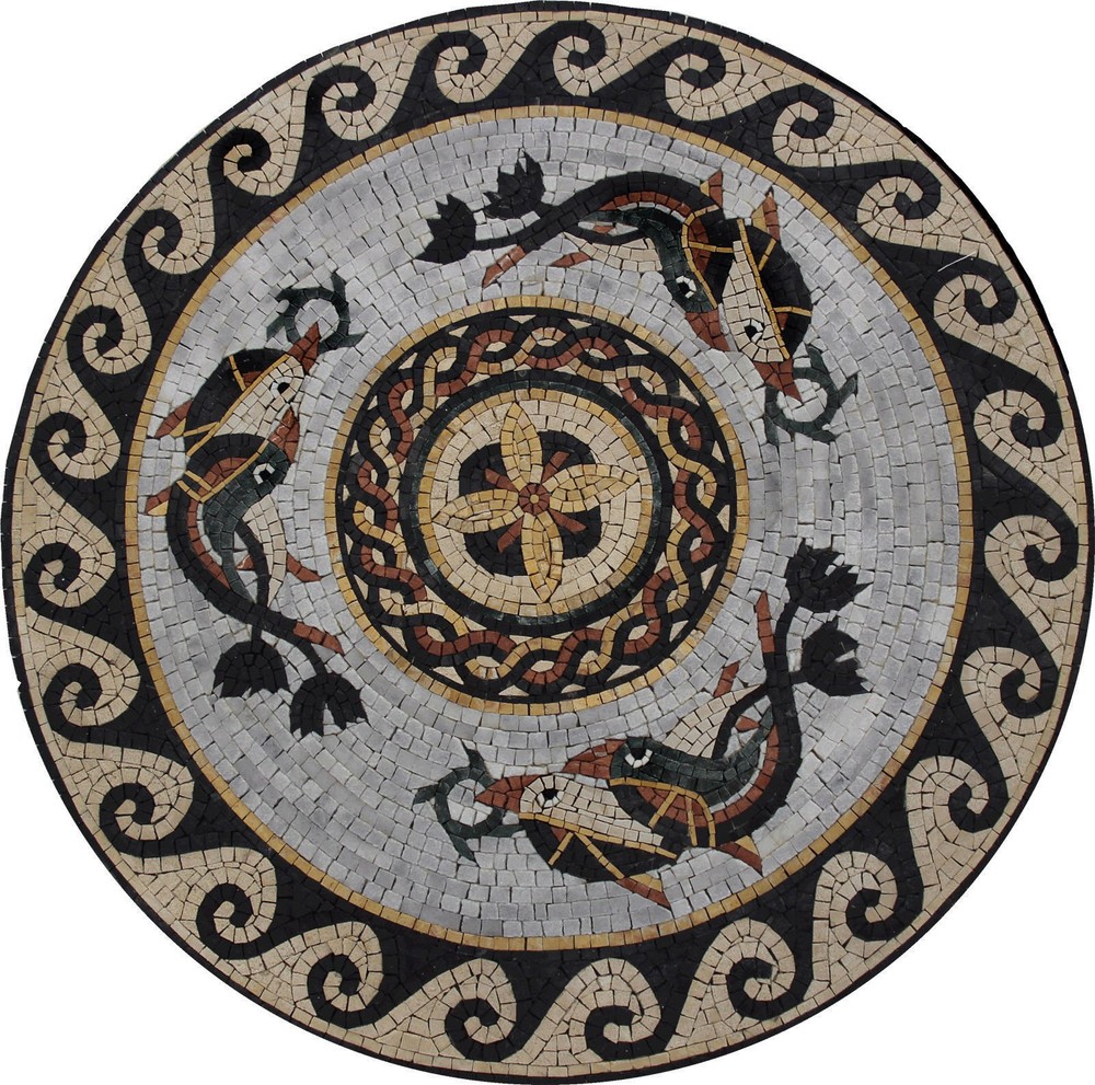Dolphins Round Waves Ripple Medallion Marble Mosaic