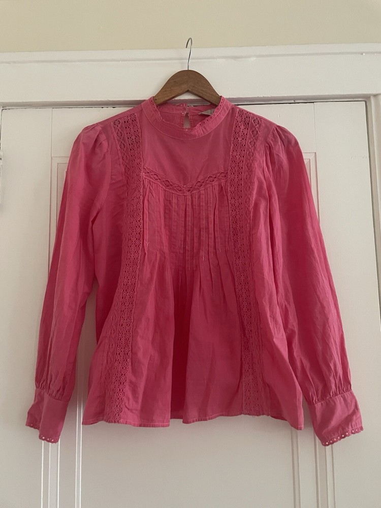 Hot Pink Loft Peasant Blouse Long Sleeve Embroidered Top Size S