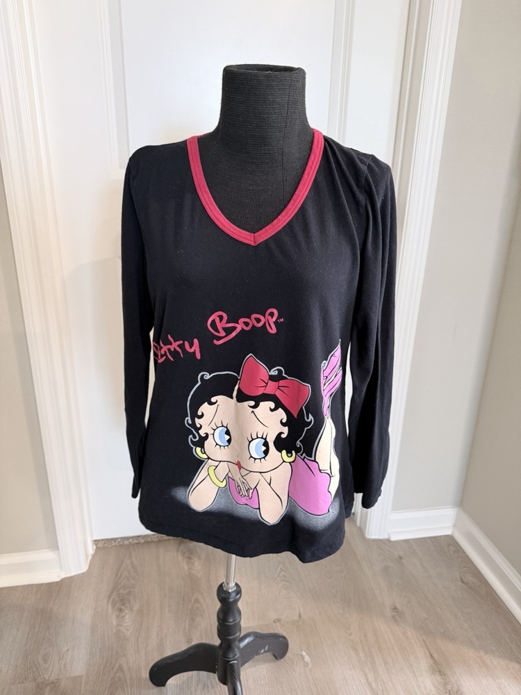 Betty Boop Long Sleeve Shirt Women’s Large Black Pink Graphic V Neck Top