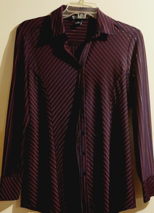 Dialogue Size Sheer Stripe Button Career Shirt Blue with Red Stripes XS