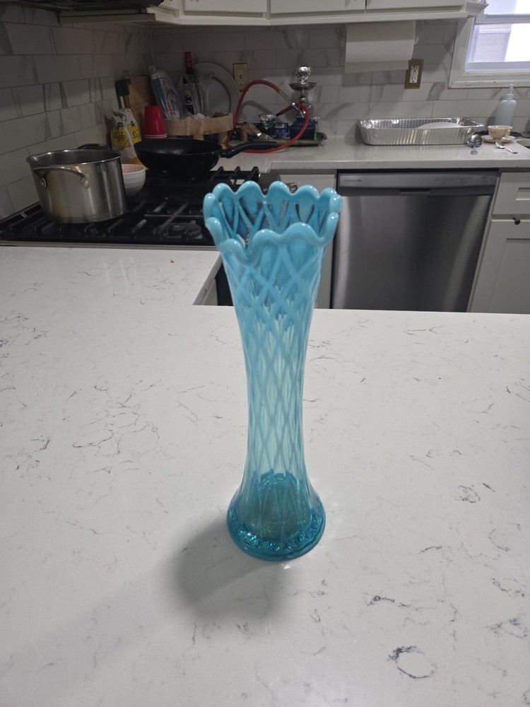 Fenton Blue Glass Opalescent Swung Vase 11 inches Tall