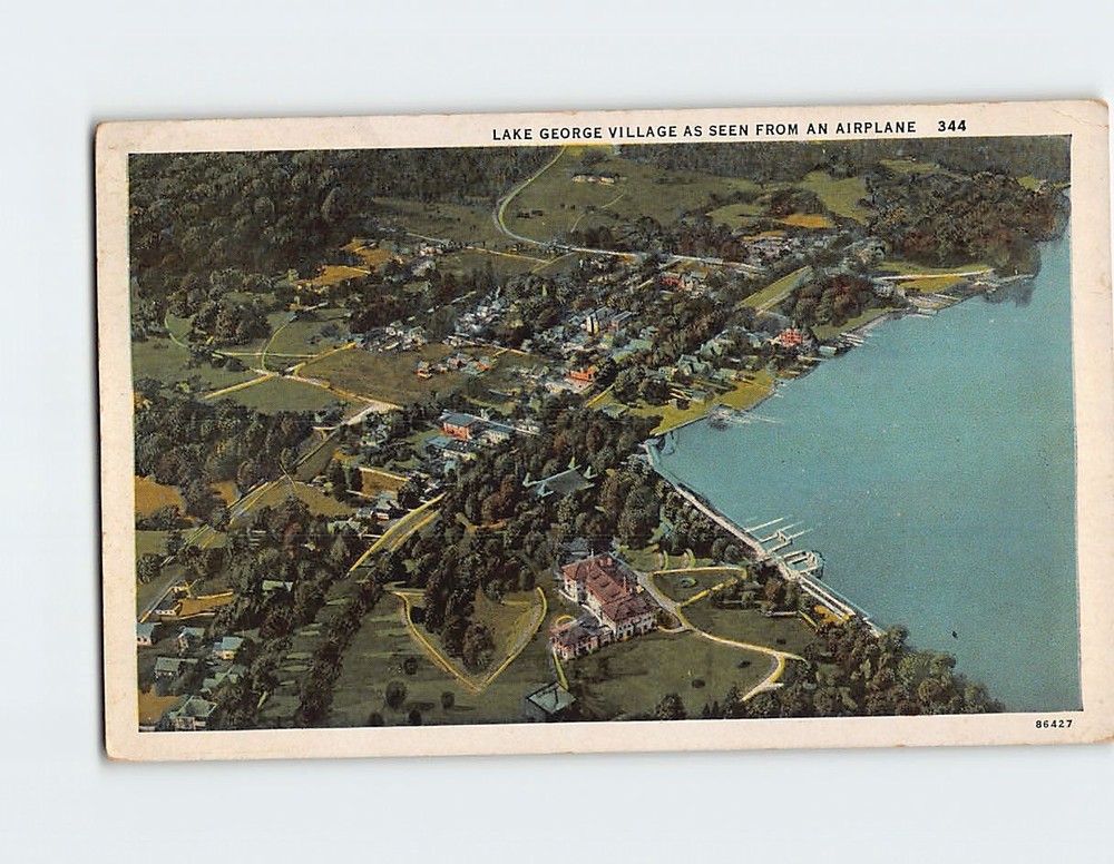 Postcard Aerial View Lake George Village NY USA
