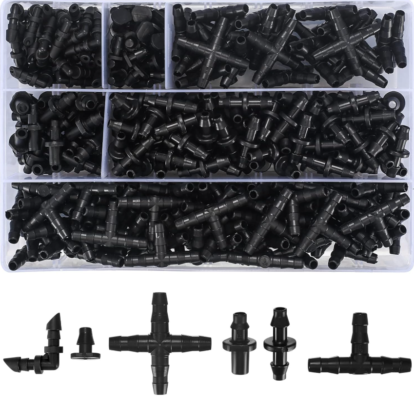 300 Pcs Irrigation Fittings Kit, Drip Irrigation Barbed Connectors 1/4'' Tubing