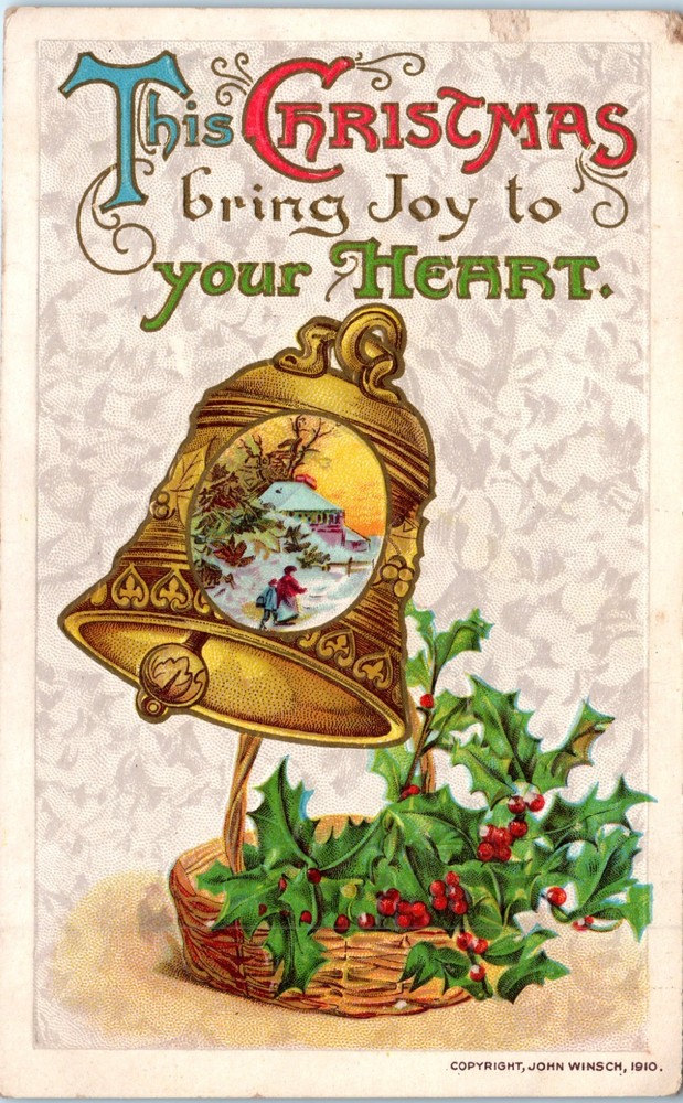 c1910s - Beautiful Golden Bell W Holly Embossed Christmas - Postcard - P13