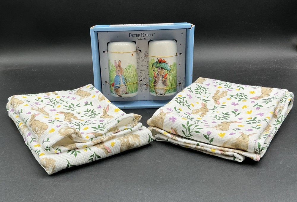 Peter Rabbit Ceramic Salt & Pepper Shakers with Matching Floral Bunny Tea Towels