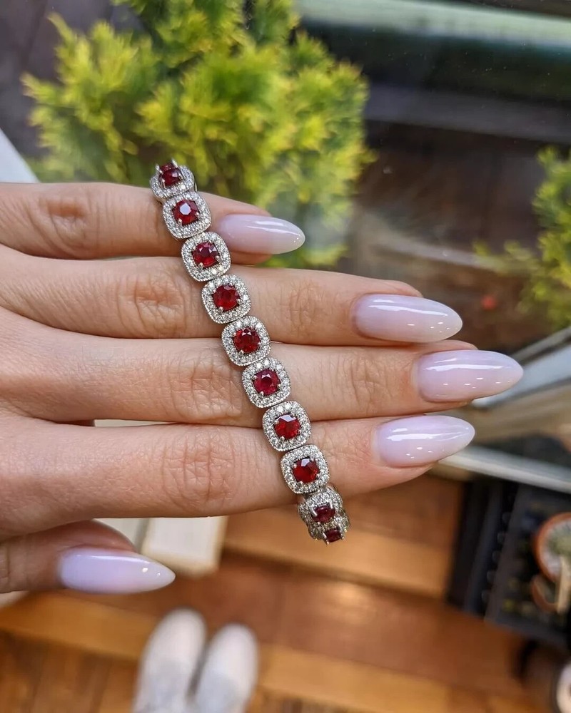 12Ct Cushion Lab Created Red Ruby Diamond Link Tennis Bracelet 14K White Gold FN