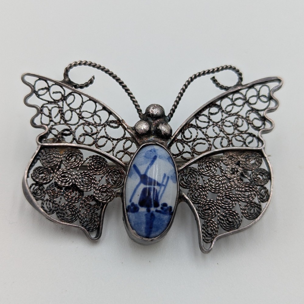Antique Art Deco Delft Netherlands Windmill Butterfly Pin Brooch 835 Silver