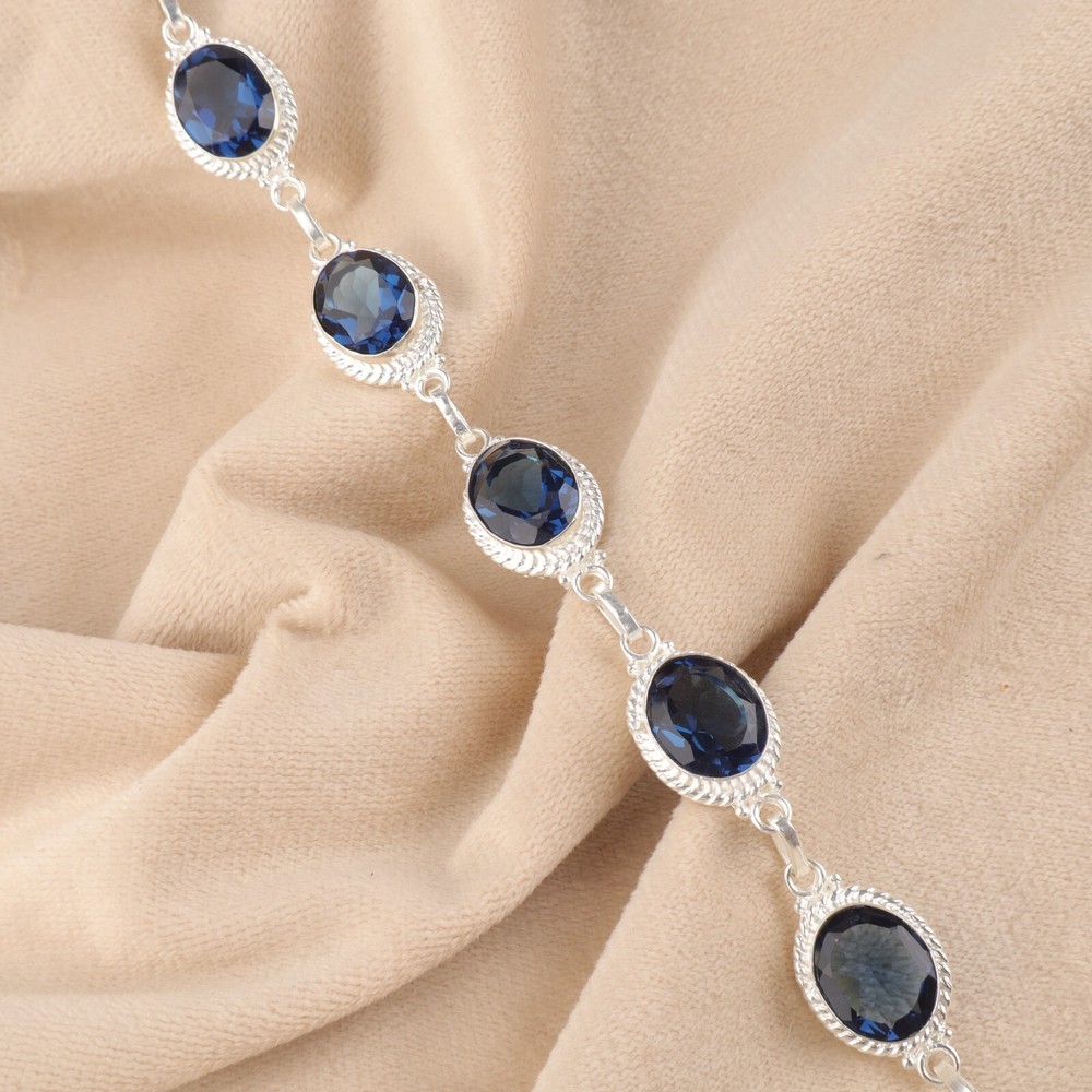 Natural London Topaz Gemstone Chain Blue Bracelet 925 Sterling Silver Jewelry