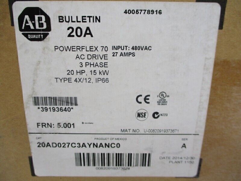 AB 20AD027C3AYNANC0 PowerFlex70 AC Drive 15kW/20HP 400V Free Shipping