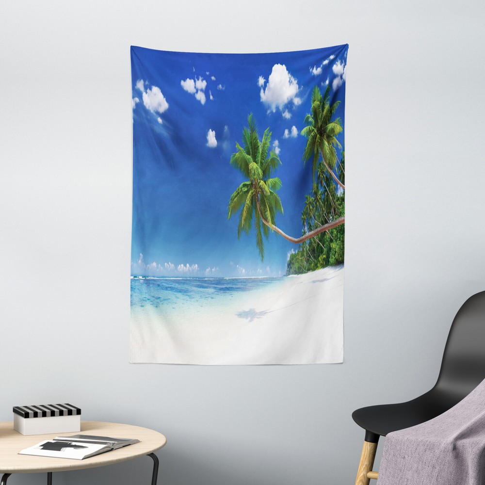 Coastal Tapestry Lagoon Palm Leaf Clouds Print Wall Hanging Decor
