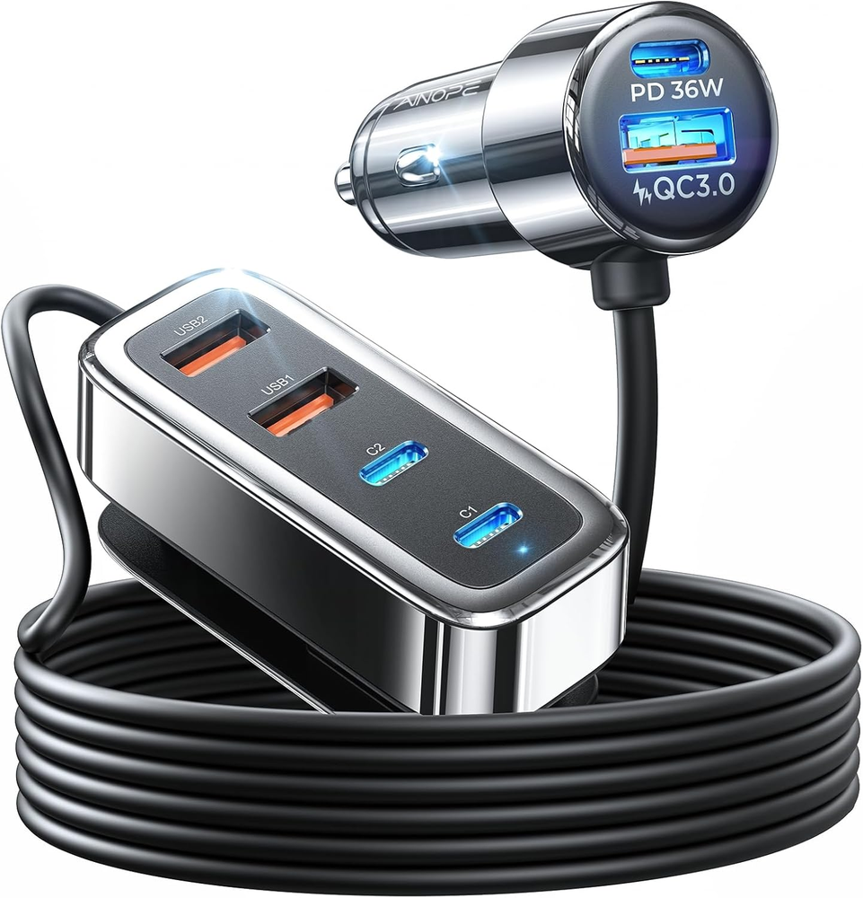 AINOPE Car USB Charger Multi Port, 108W Fast USB C Car Charge PD 36W & QC3.0