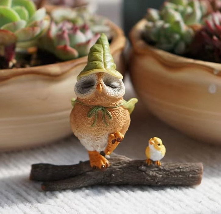 Owl with Bird Miniature Fairy Garden Statue Resin Small Figurine Decor Gift