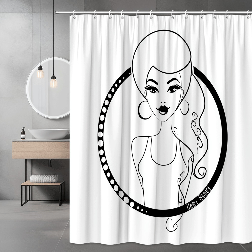 Black White Girl Graphic Shower Curtain, Retro Pop Art Portrait