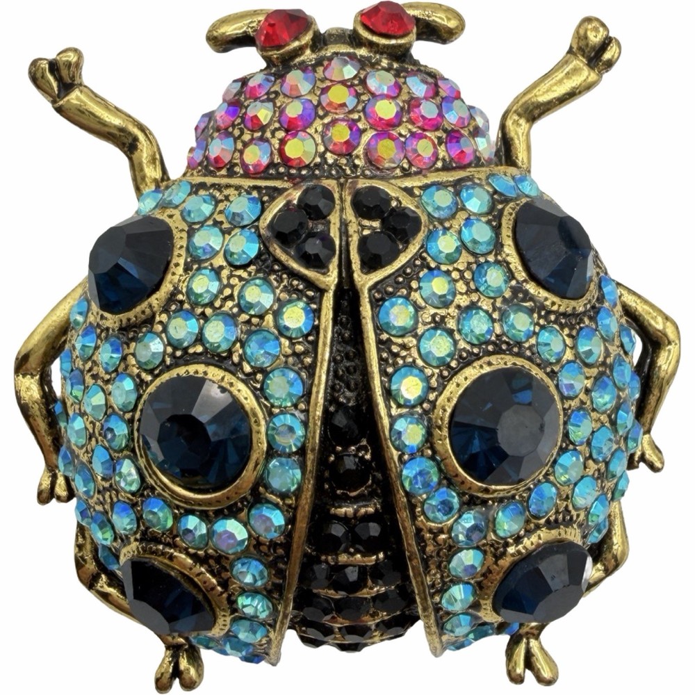 Vintage Rhinestone Ladybug Brooch Blue AB Crystal Beetle Pin Gold Tone