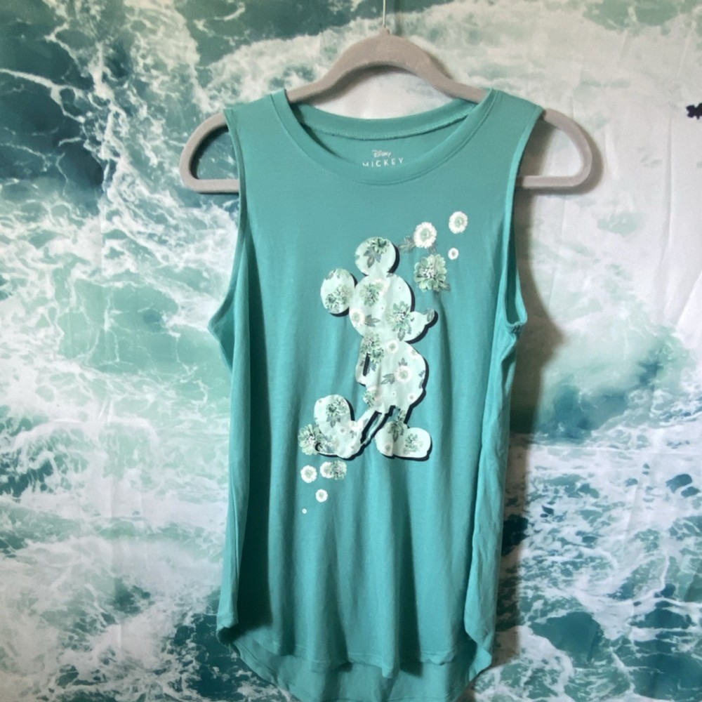 Disney Mickey Mouse Floral Graphic Turquoise Sleeveless Knit Tank Top M