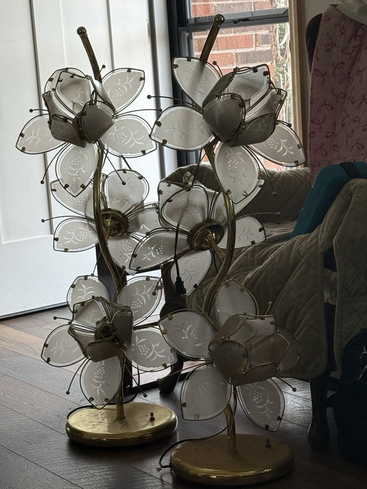 Lotus Brass Plated Flower Design Glass Table Lamps Pair Vintage Floral