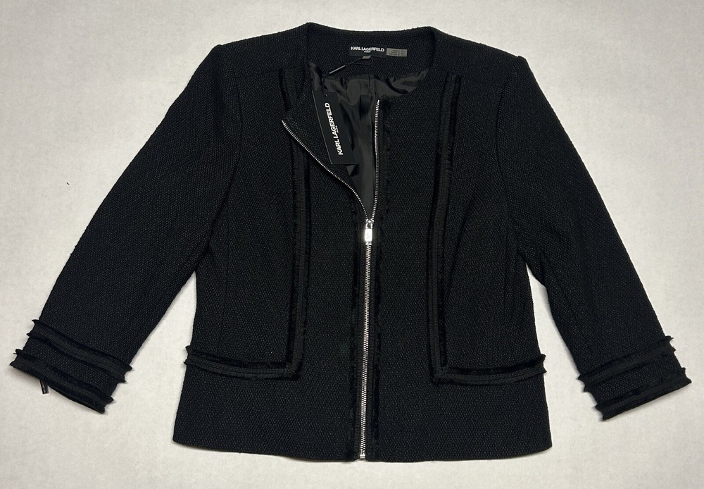 Karl Lagerfeld Black Tweed Fringe Collarless  Jacket Sz 12