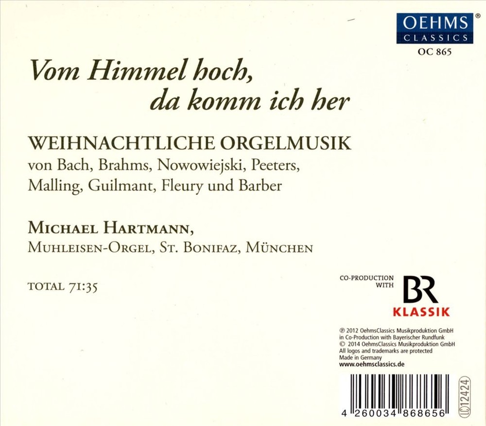 Michael Hartmann Vom Himmel Hoch, Da Komm Ich Her: Weihnachtliche Orgelmusik New