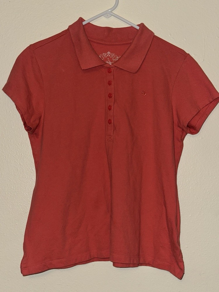 Gloria Vanderbilt Red Cotton Spandex Collared Button Polo Short Sleeve Petite L