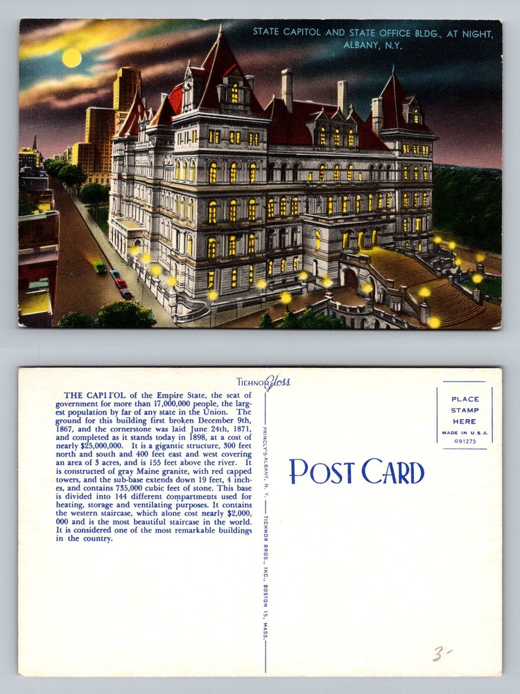 Albany, NY-New York, State Capitol Office Building At Night Vintage Postcard