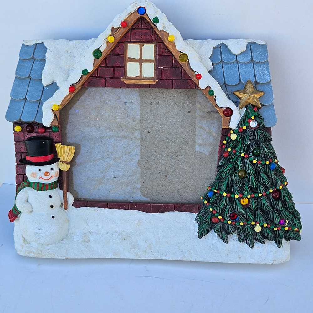 Vintage Christmas Picture Frame Snowman Tree Holiday Decor Papel Giftware READ