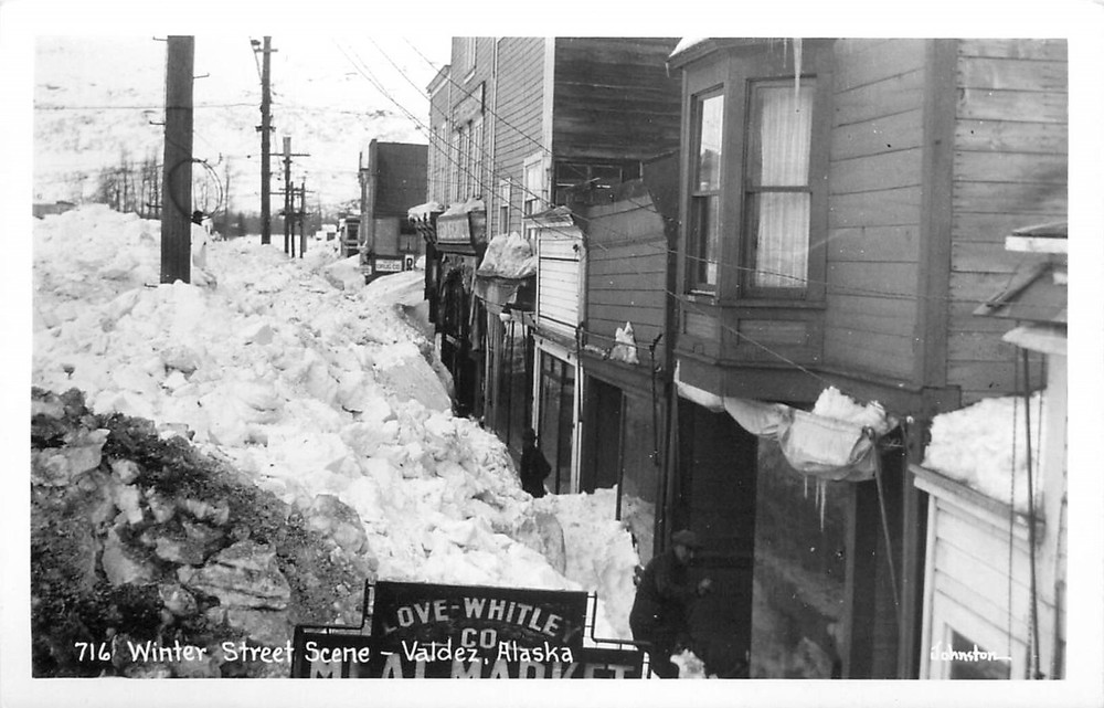 c1940 Winter Street Scene, Valdez, Alaska Real Photo Postcard/RPPC