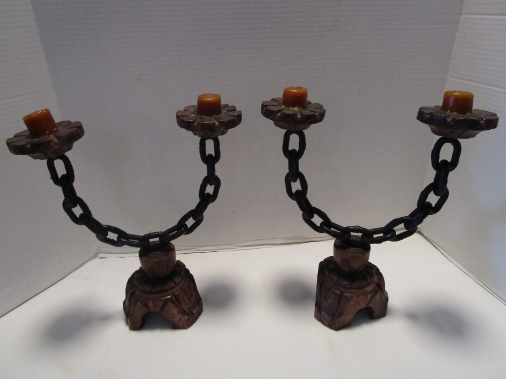 Vintage Gothic Wood and Metal Candelabra Set Spanish Medieval Style