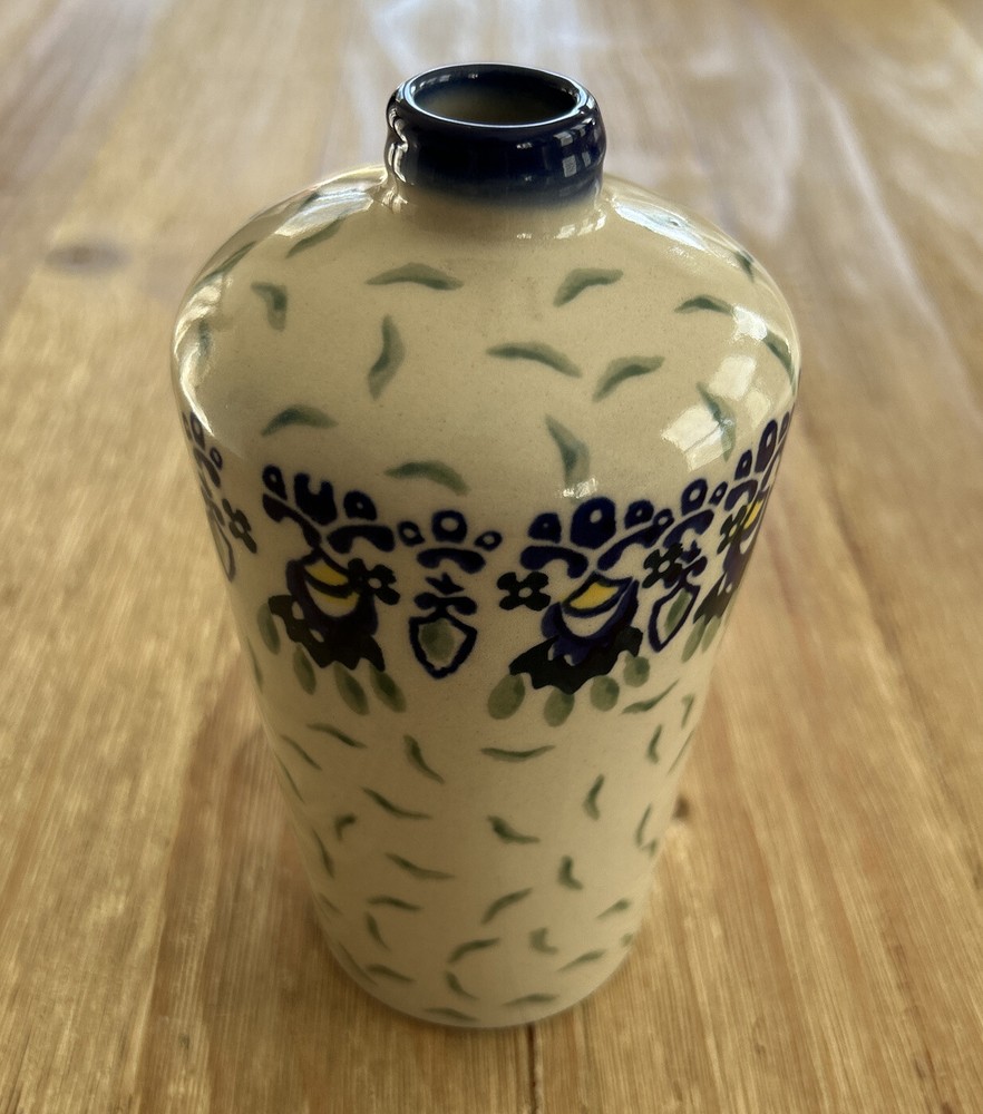UNIKAT Polish Pottery Boleslawiec Blue Green Floral Bud Vase Urn  6