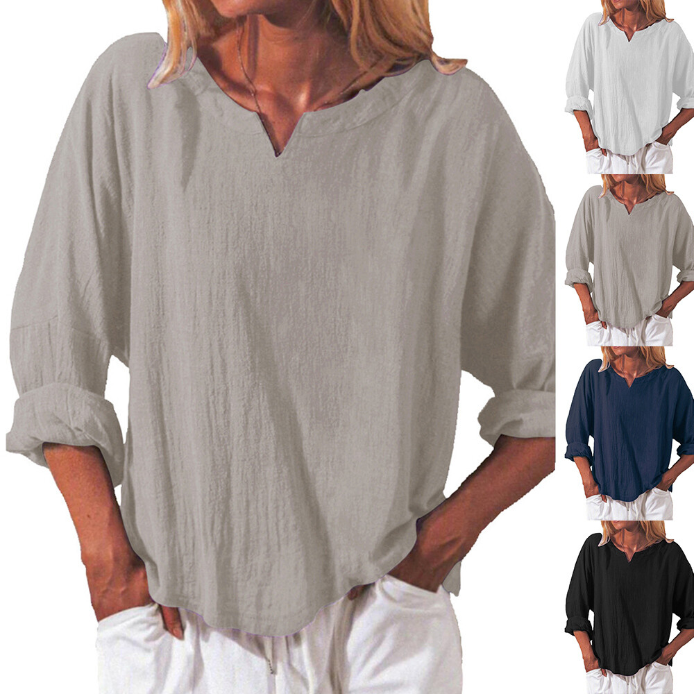 Plus Size Womens Cotton Linen Baggy Tops Tunic Long Sleeve T-Shirt Casual Blouse