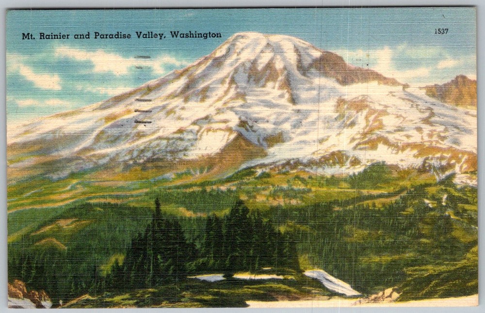 Vtg Linen Postcard MT Rainier Mountain View Paradise Valley, WA 1940s