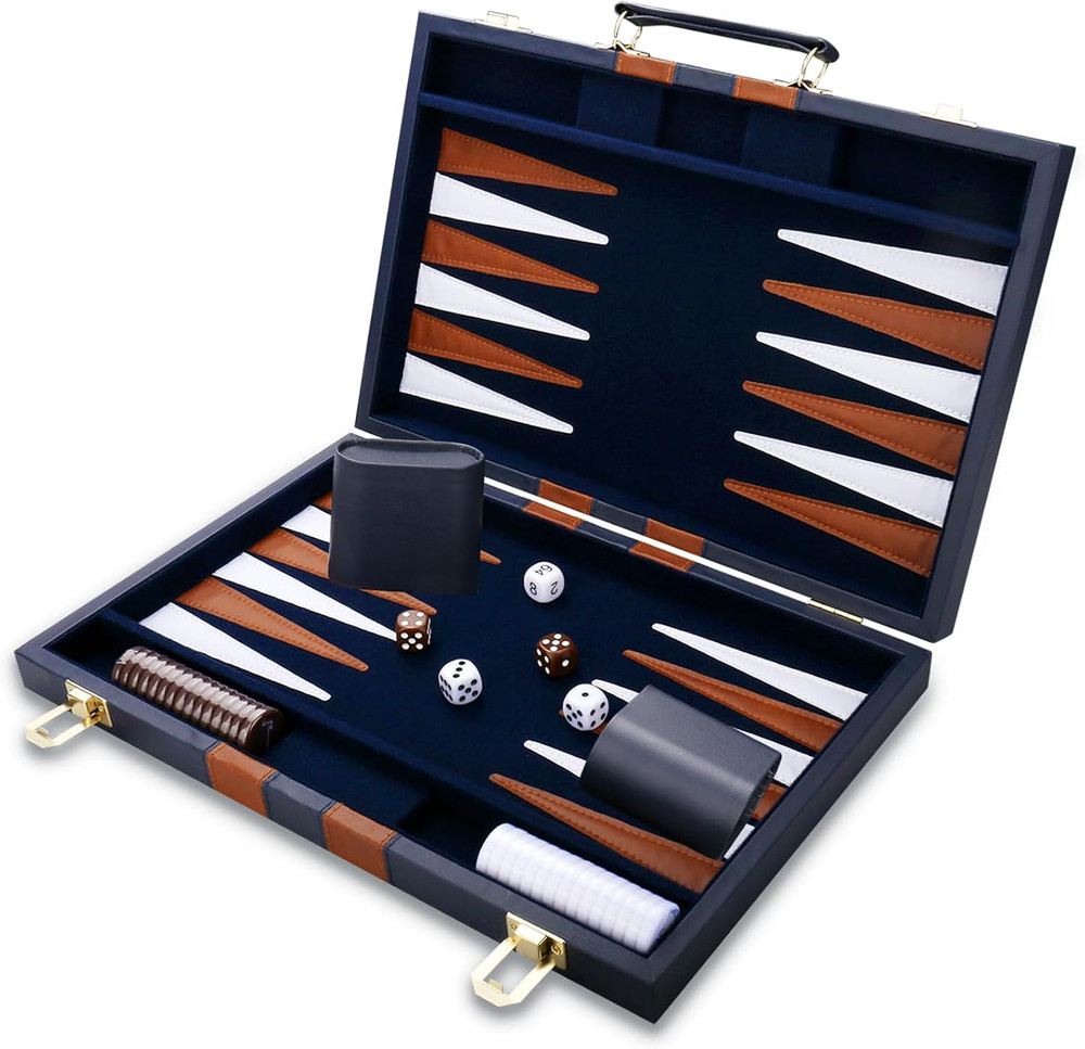 Backgammon Set - Classic Board Game with Premium Leather Case - Portable Travel